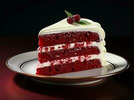 rouge velours gâteau tranche sur assiette ai génératif photo