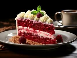 rouge velours gâteau tranche sur assiette ai génératif photo