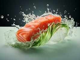 Sushi Saumon avec l'eau éclaboussure ai génératif photo