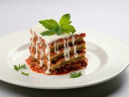 pièce de Viande lasagne sur une blanc assiette ai génératif photo