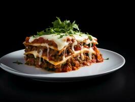 pièce de Viande lasagne sur une blanc assiette ai génératif photo