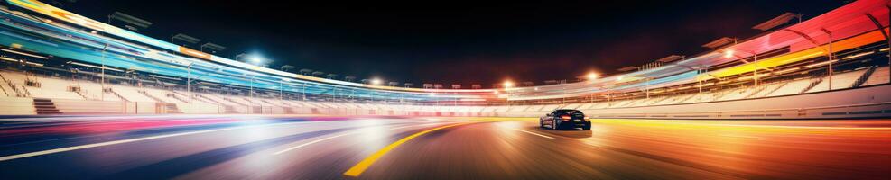 en dessous de le nuit ciel, une lisse des sports voiture vitesses le long de une piste de course. ai génératif. photo