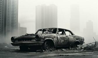 abandonné, détruit voiture dans une ville. ai génératif. photo