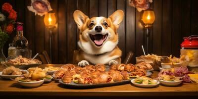 contenu corgi chien à côté de une tentant assiette de des cheeseburgers. ai génératif. photo