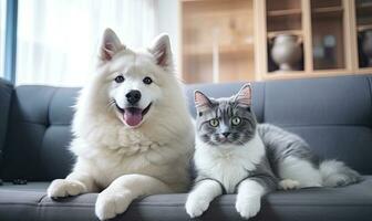 dans une serein vivant chambre, deux adorable animaux domestiques, une chien et une chat. ai génératif. photo