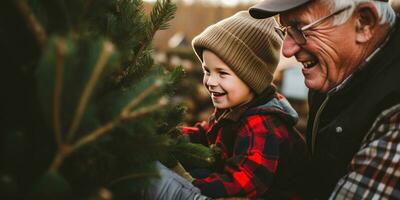 grand-père et petit fils cueillette en dehors une Noël arbre. ai génératif. photo