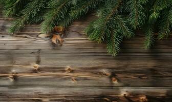 sur une texturé en bois surface, Frais pin branches. ai génératif. photo