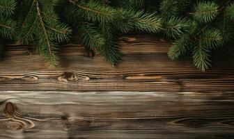 sur une texturé en bois surface, Frais pin branches. ai génératif. photo