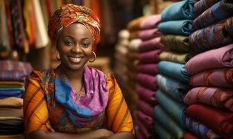 de bonne humeur africain femme mettant en valeur vibrant tissus. ai génératif. photo