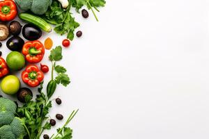 plat allonger des légumes sur blanc Contexte nourriture et régime concept. ai généré photo