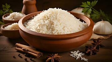 riz dans le en bois bol avec autre Ingrédients ai produire photo