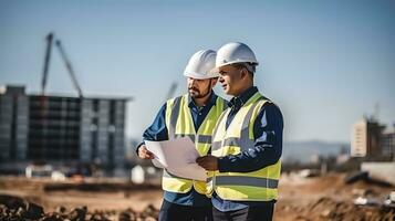 affaires homme construction ingénieurs surveillance le progrès de construction projet à construction site ai produire photo