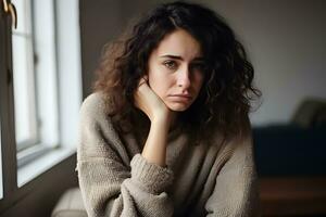 photo Jeune femme transaction avec anxiété ai produire