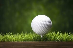 blanc le golf Balle sur en bois tee avec herbe. génératif ai photo