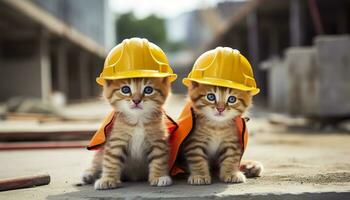 deux chatons portant difficile Chapeaux sur une construction placer. génératif ai photo