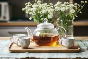 en bois plateau avec théière, tasses de Naturel camomille thé et fleurs sur tableau. génératif ai photo