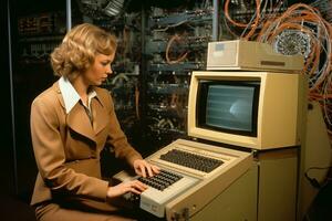 femme en utilisant ancien ordinateur. génératif ai photo