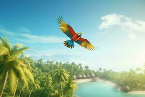 perroquet ara en volant tropical île. produire ai photo