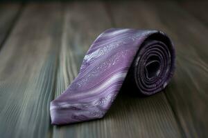 élégant violet soie cravate sur en bois. produire ai photo