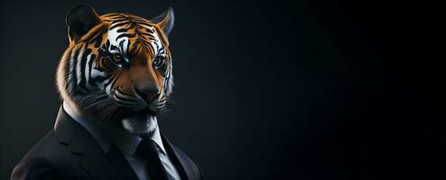 portrait de humanoïde anthropomorphe tigre portant homme d'affaire costume dans noir Contexte pour copie espace bannière ai génératif photo