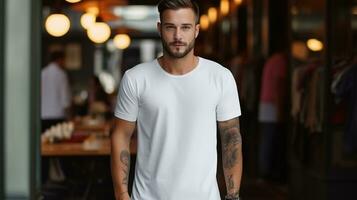 homme portant blanc tee chemise maquette placement. chemise maquette modèle. Masculin portant décontractée tee chemise photo