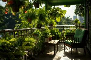 une balcon décoré avec magnifique les plantes ai établi photo