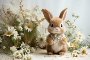 ai établi une doux peluche lièvre bébé lapin séance sur une dans le fleur Prairie photo