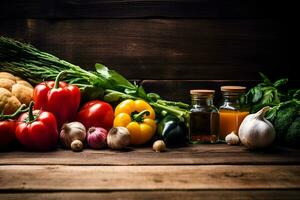Frais des légumes sur foncé en bois tableau. santé aliments. vue de au-dessus de. espace pour copie. génératif ai photo