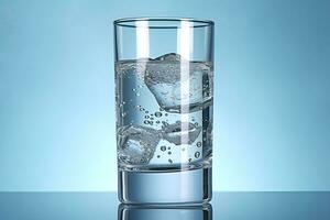 verre avec l'eau et la glace cubes sur une bleu Contexte. une rafraîchissant et effrayant boire. génératif ai photo