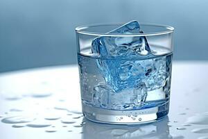 verre avec l'eau et la glace cubes sur une bleu Contexte. une rafraîchissant et effrayant boire. génératif ai photo