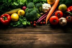 Frais des légumes sur foncé en bois tableau. santé aliments. vue de au-dessus de. espace pour copie. génératif ai photo