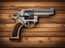 revolver avec pistolet. ancien pistolet sur en bois Contexte. photo