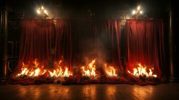 théâtre étape avec rouge velours rideaux sur Feu. génératif ai. photo