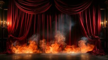 théâtre étape avec rouge velours rideaux sur Feu. génératif ai. photo