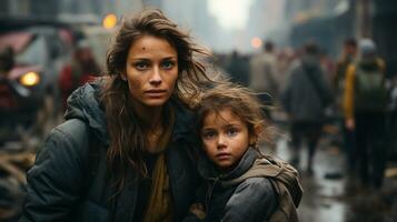 effrayé mère et Jeune enfant fille fonctionnement dans le des rues de leur guerre ravagé ville. génératif ai. photo