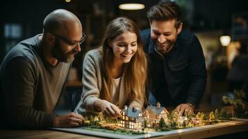 réel biens agent discuter avec une Jeune adulte couple une Nouveau logement développement modèle sur le table dans de face de eux. génératif ai. photo