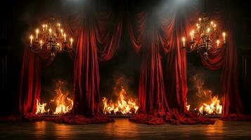 théâtre étape avec rouge velours rideaux sur Feu. génératif ai. photo