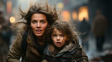 effrayé mère et Jeune enfant fille fonctionnement dans le des rues de leur guerre ravagé ville. génératif ai. photo