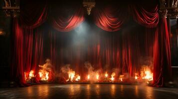 théâtre étape avec rouge velours rideaux sur Feu. génératif ai. photo