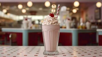 Cerise Milk-shake dans une classique américain le dîner. nourriture la photographie concept. génératif ai photo