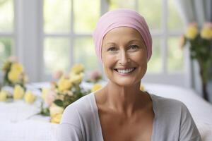 portrait de souriant mature femme avec rose foulard à Accueil photo