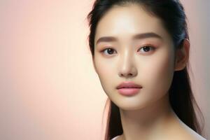 magnifique asiatique femme visage proche en haut portrait avec peau se soucier concept. photo