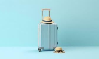 bleu valise avec des lunettes de soleil sur une pastel bleu Contexte. Voyage concept. génératif ai photo