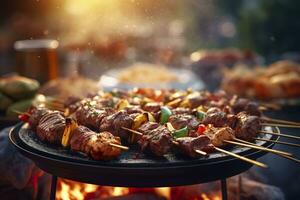 un barbecue nourriture fête été grillage Viande dans le après midi de fin de semaine content faire la fête. ai génératif photo