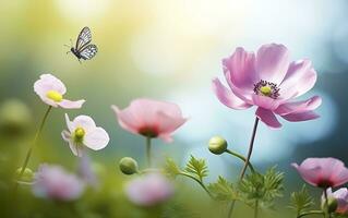 Frais printemps Matin sur la nature et flottant papillons sur une doux vert Contexte. génératif ai photo