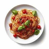 délicieux assiette de spaghetti avec tomate sauce sur une blanc Contexte génératif ai photo