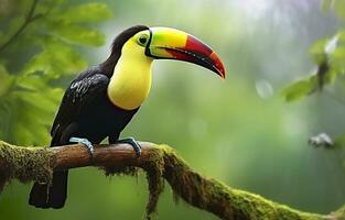 chataîgne mandibulé toucan séance sur le branche dans tropical pluie avec une vert jungle. génératif ai photo