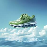 proche en haut vert des sports des chaussures sur une bleu mer niveau avec bleu ciel et blanc des nuages brillant lumière Contexte. Créatif publicité. ai génératif photo