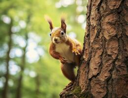 magnifique écureuil sur une arbre dans une forêt parc dans le été. génératif ai photo