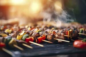 un barbecue nourriture fête été grillage Viande dans le après midi de fin de semaine content faire la fête. ai génératif photo